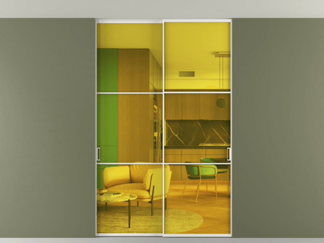 Перегородка Formato внутри проёма скрытое крепление в потолок 2 створки АЛПР 040.03 Алюминий светло-серый Прозрачное жёлтое стекло, триплекс Цена 13700 Br | Volhovec