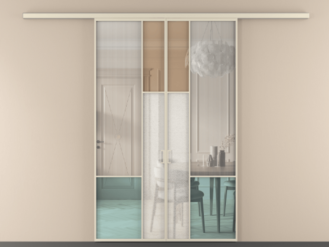 Перегородка Mosaic вдоль стены 2 створки АЛПР 041.13 Алюминий бежево-серый Комбинация стекол Группы 1 и Группы 3 Цена 14800 Br | Volhovec