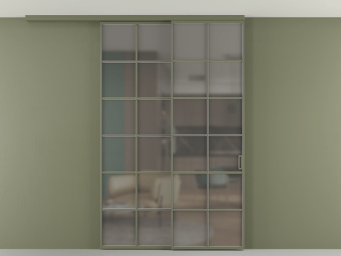 Перегородка Формато вдоль стены на потолок 2 створки с синхронным механизмом АЛПР 040.05 Алюминий оливковый тёмный Сатинированное серое стекло, триплекс Цена 15110 Br | Volhovec