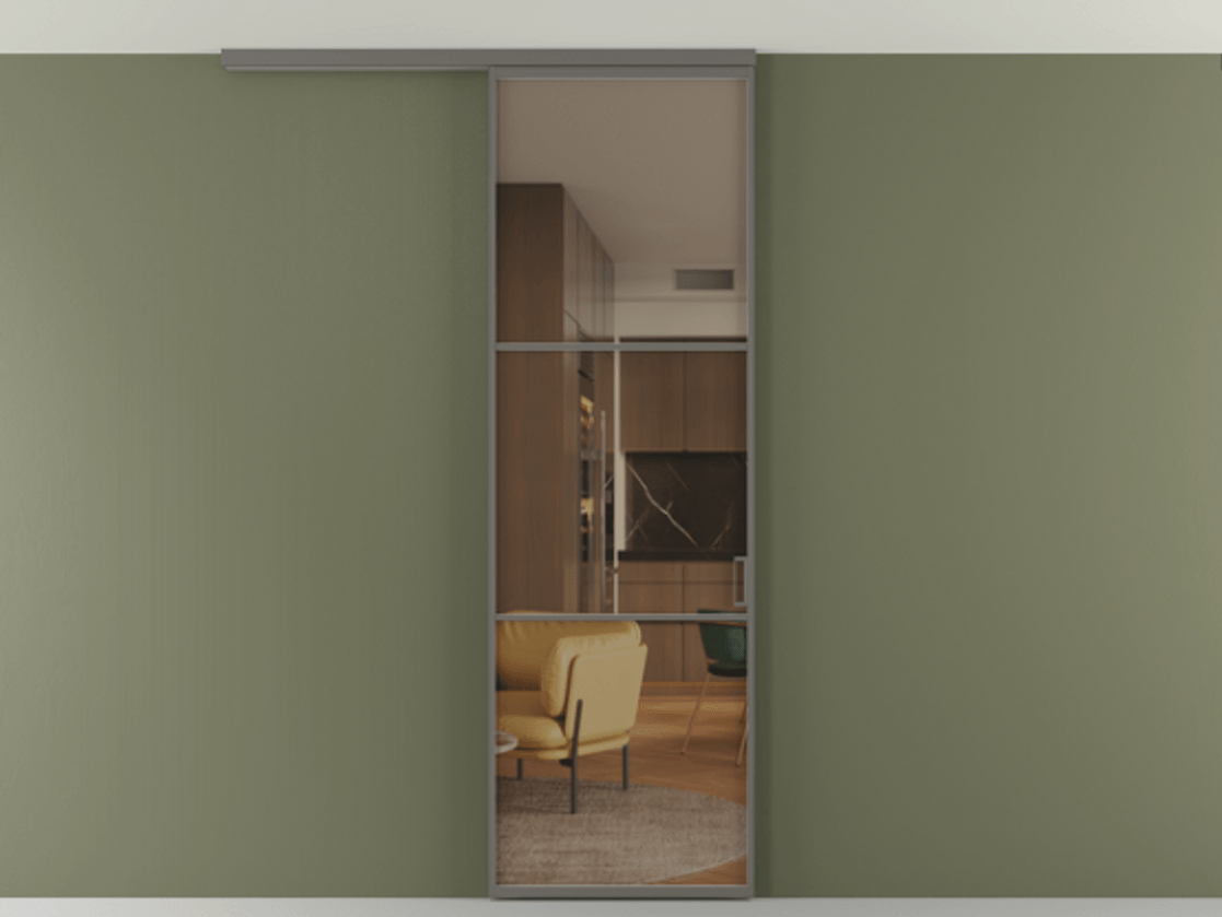 Перегородка Формато вдоль стены на потолок 1 створка АЛПР 040.03 Алюминий классический серый Прозрачное бронзовое стекло, триплекс Цена 5400 Br | Volhovec