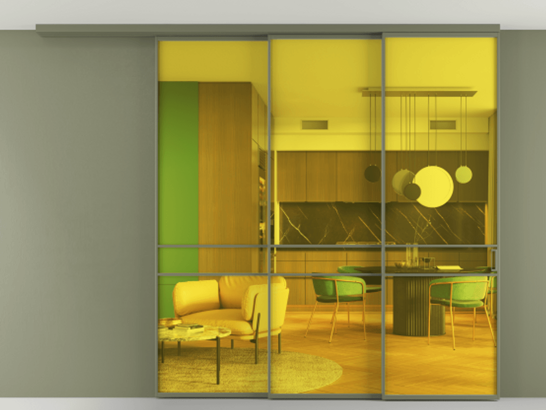 Перегородка Formato вдоль стены на потолок 3 створки с синхронным механизмом АЛПР 040.02 Алюминий оливковый тёмный Прозрачное жёлтое стекло, триплекс Цена 21200 Br | Volhovec