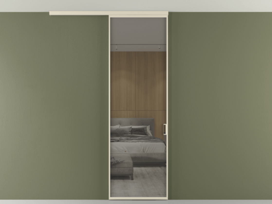 Перегородка Формато вдоль стены на потолок 1 створка АЛПР 040.01 Алюминий бежево-серый Рефлективное серое стекло "Стопсол", калёное Цена 6390 Br | Volhovec