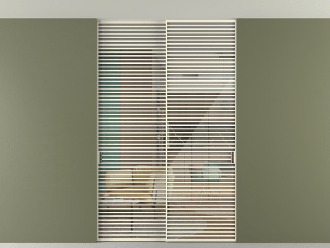 Перегородка Формато внутри проёма скрытое крепление в потолок 2 створки АЛПР 040.07 Алюминий молочно-белый Рефлективное прозрачное стекло "Стопсол", калёное Цена 27860 Br | Volhovec