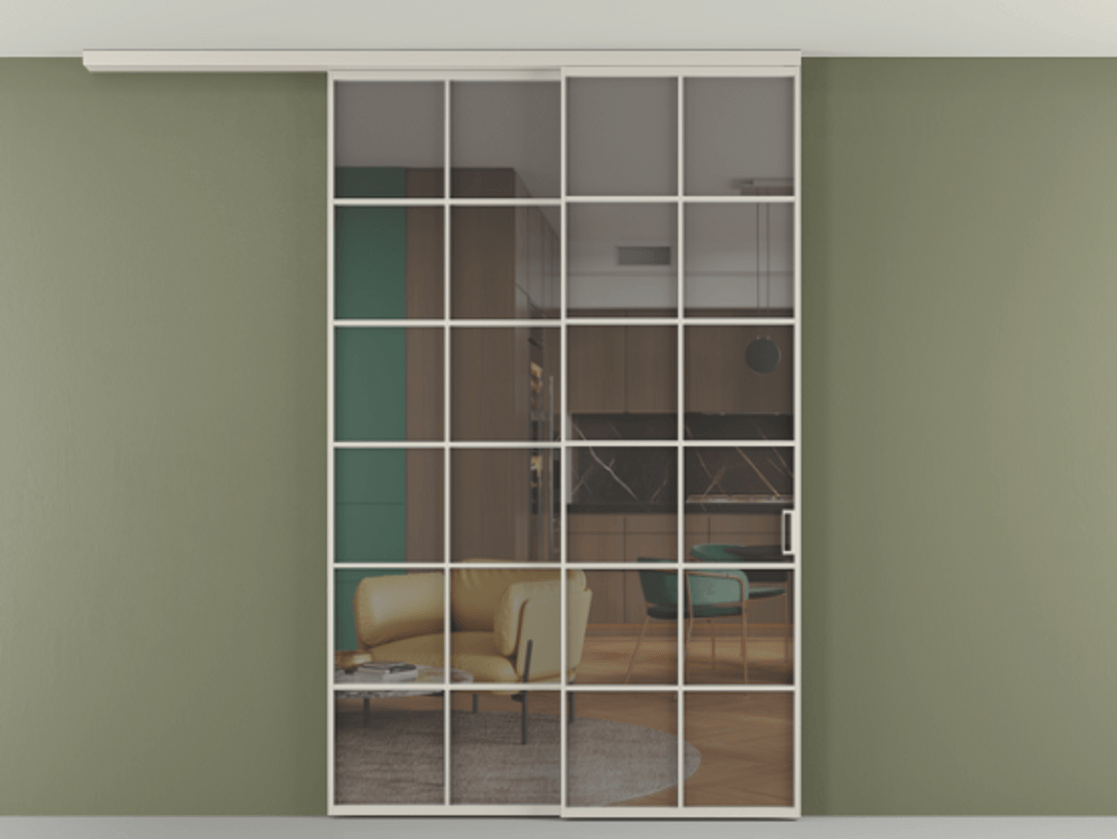 Перегородка Формато вдоль стены на потолок 2 створки с синхронным механизмом АЛПР 040.05 Алюминий облачно-серый Прозрачное серое стекло, триплекс Цена 15110 Br | Volhovec