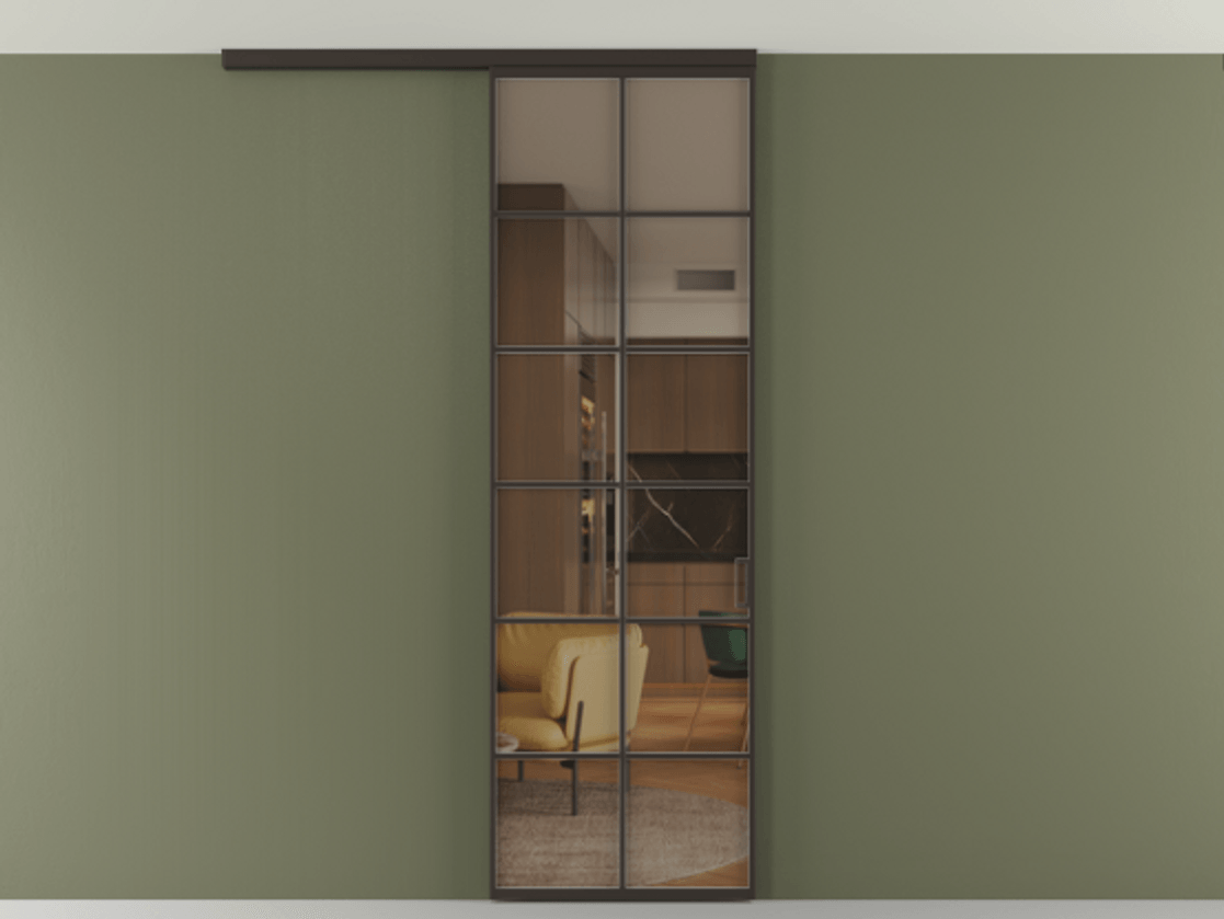 Перегородка Формато вдоль стены на потолок 1 створка АЛПР 040.05 Алюминий антрацит Прозрачное бронзовое стекло, триплекс Цена 5520 Br | Volhovec