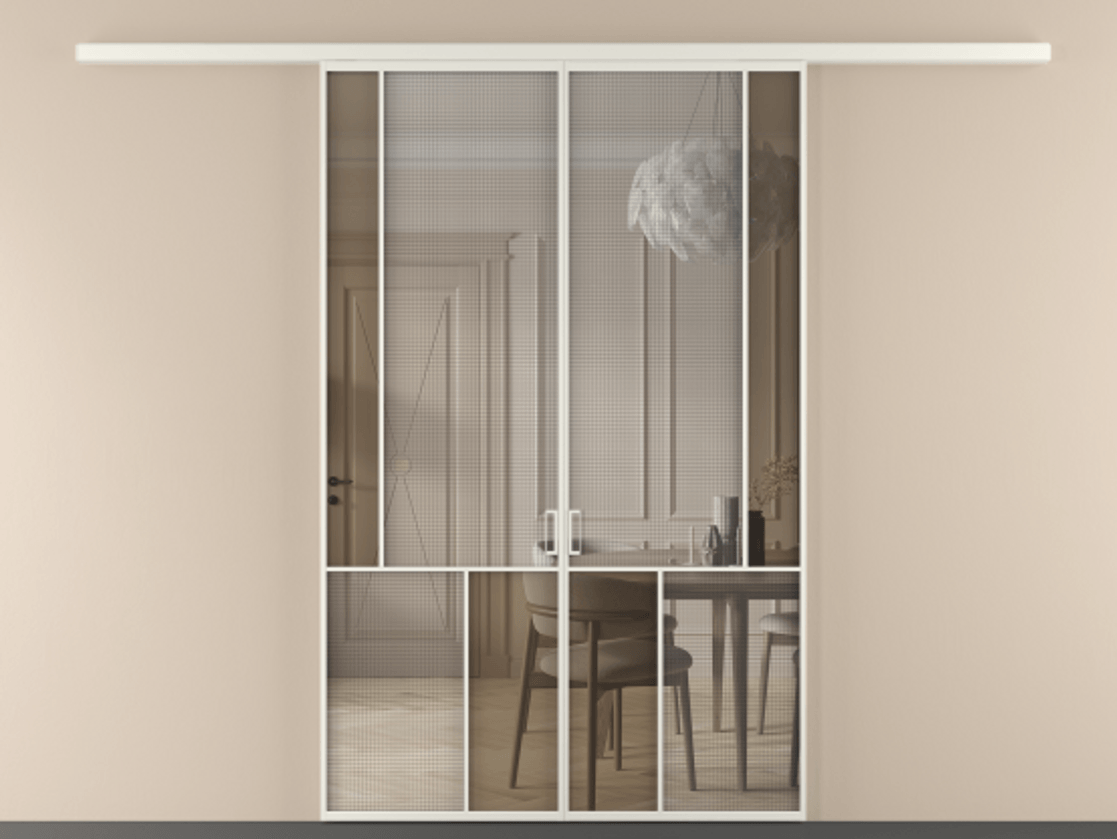 Перегородка Mosaic вдоль стены двустворчатая АЛПР 041.21 Алюминий Белый Mesh silver + Бронза прозрачное триплекс Цена 13450 Br | Volhovec