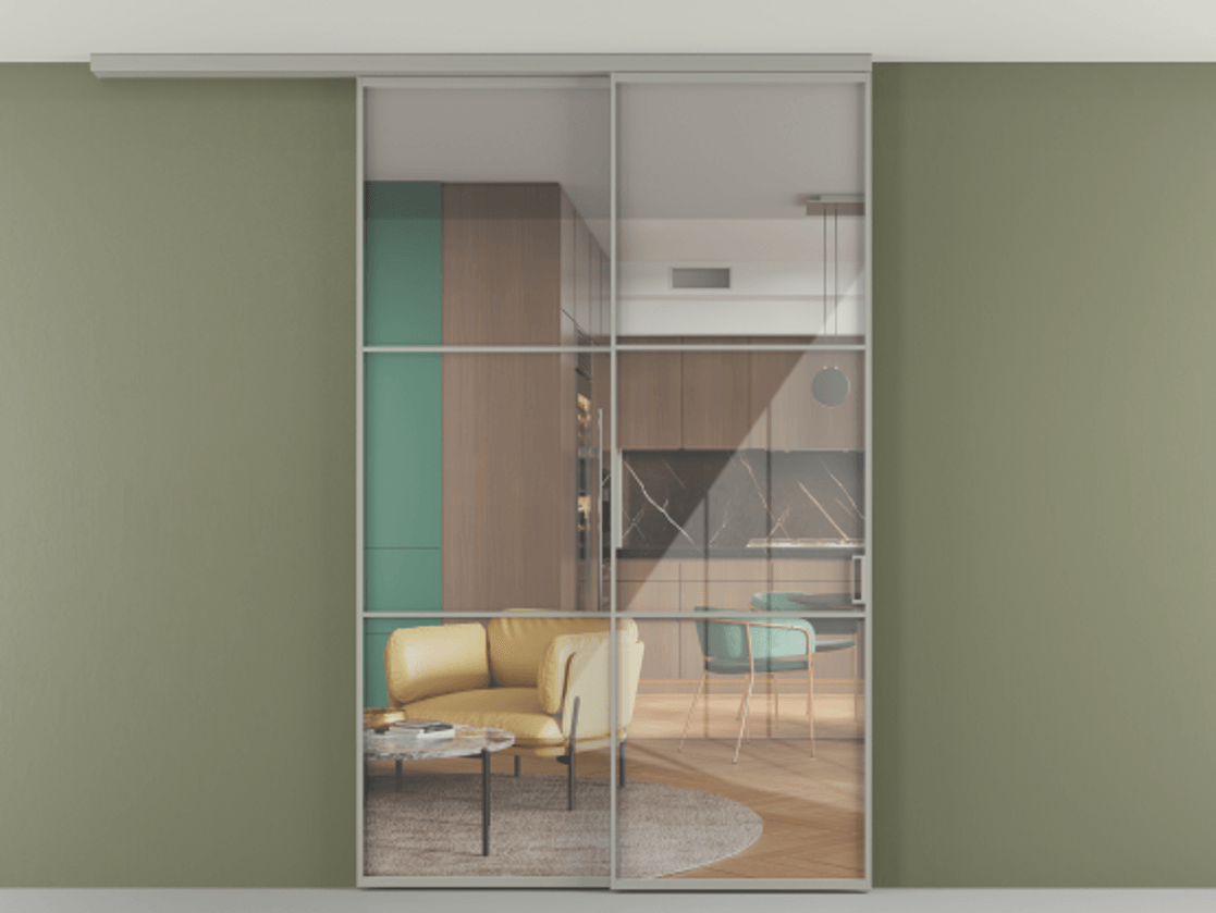 Перегородка Formato вдоль стены на потолок 2 створки с синхронным механизмом АЛПР 040.03 Алюминий нейтральный серый Рефлективное прозрачное стекло "Стопсол", калёное Цена 17480 Br | Volhovec