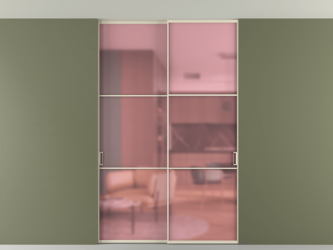 Перегородка Формато внутри проёма скрытое крепление в потолок 2 створки АЛПР 040.03 Алюминий бежево-серый Сатинированное розовое стекло, триплекс Цена 13300 Br | Volhovec