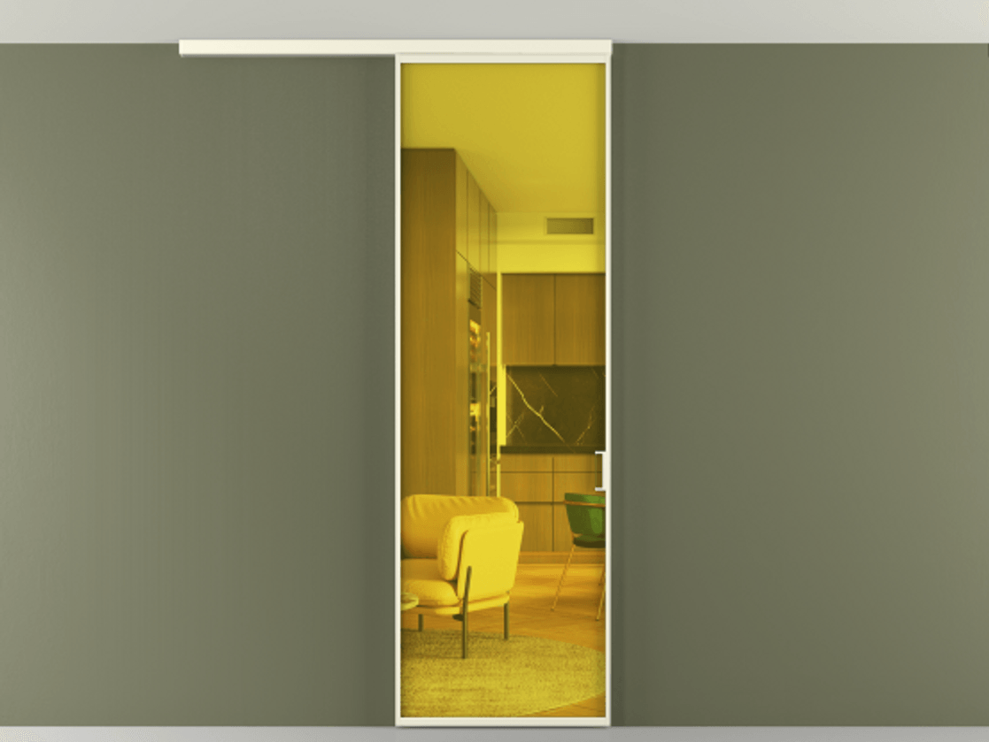 Перегородка Formato вдоль стены на потолок 1 створка АЛПР 040.01 Алюминий молочно-белый Прозрачное жёлтое стекло, триплекс Цена 5100 Br | Volhovec