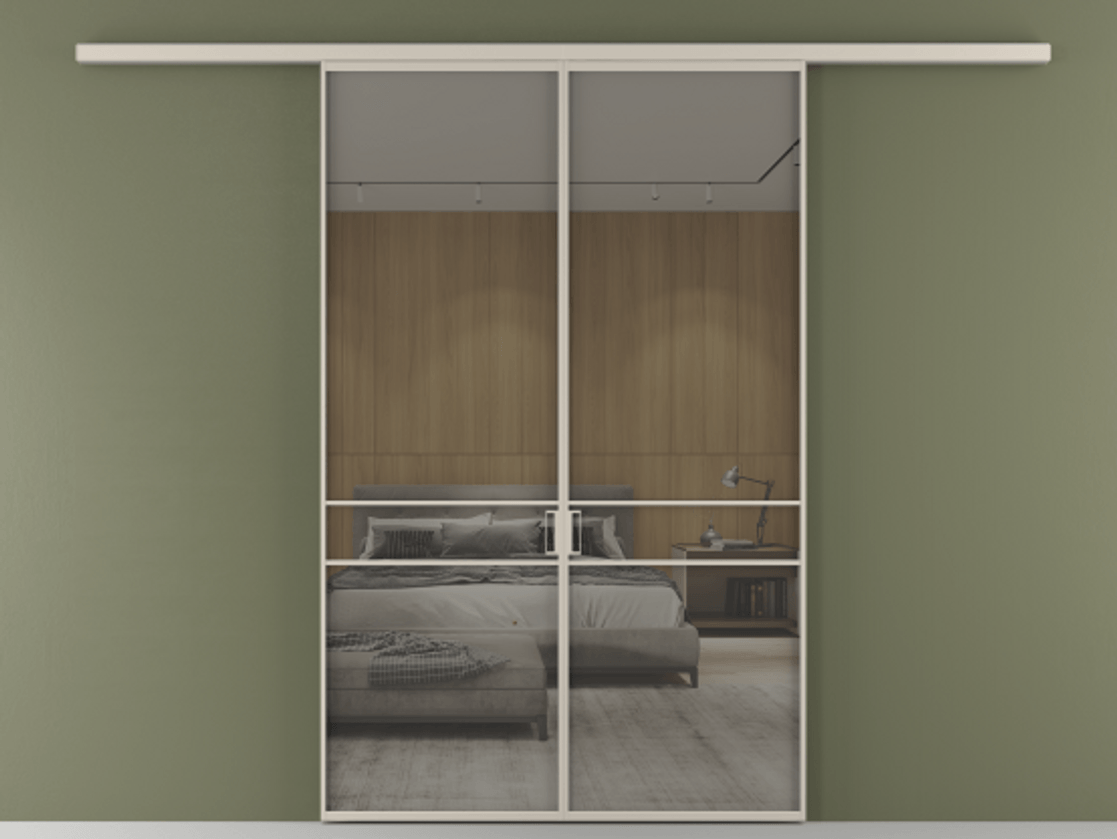 Перегородка Формато вдоль стены 2 створки АЛПР 040.02 Алюминий светло-бежевый Рефлективное серое стекло "Стопсол", калёное Цена 13310 Br | Volhovec