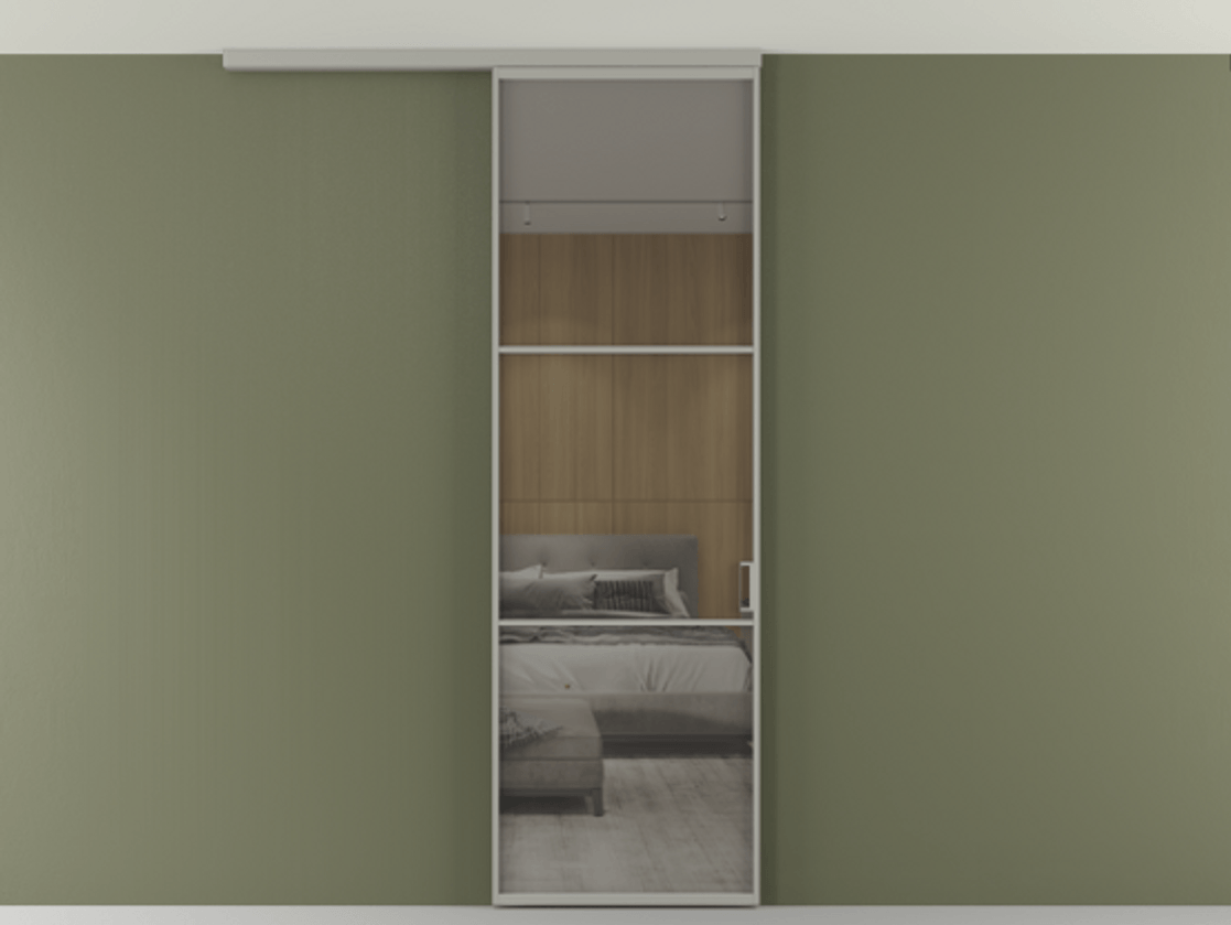 Перегородка Формато вдоль стены на потолок 1 створка АЛПР 040.03 Алюминий нейтральный серый Рефлективное серое стекло "Стопсол", калёное Цена 5740 Br | Volhovec