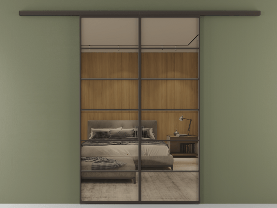 Перегородка Формато вдоль стены 2 створки АЛПР 040.04 Алюминий антрацит Рефлективное бронзовое стекло "Стопсол", калёное Цена 14150 Br | Volhovec