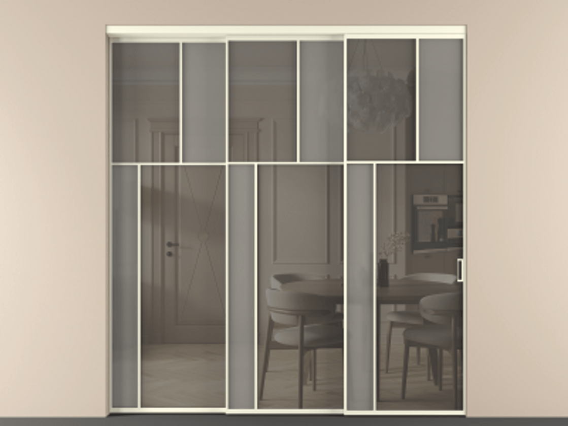 Перегородка Мозаик внутри проёма 3 створки с синхронным механизмом АЛПР 041.22 Алюминий молочно-белый Сатинированное серое стекло, триплекс, 6 мм + Прозрачное серое стекло, триплекс Цена 23390 Br | Volhovec