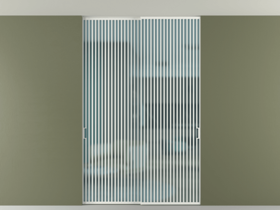 Перегородка Формато внутри проёма скрытое крепление в потолок 2 створки АЛПР 040.06 Алюминий светло-серый Сатинированное голубое стекло, триплекс Цена 21900 Br | Volhovec