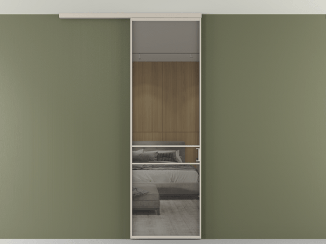 Перегородка Formato вдоль стены на потолок 1 створка АЛПР 040.02 Алюминий светло-бежевый Рефлективное серое стекло "Stopsol", калёное Цена 6711 Br | Volhovec