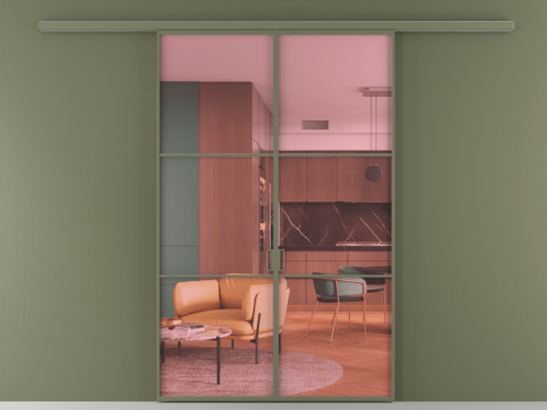 Перегородка Формато вдоль стены 2 створки АЛПР 040.03 Алюминий оливковый тёмный Прозрачное розовое стекло, триплекс Цена 10900 Br | Volhovec