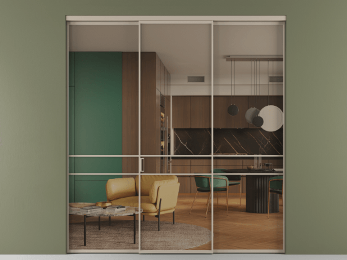 Перегородка Формато внутри проёма 3 створки АЛПР 040.02 Алюминий бисквитный Прозрачное бронзовое стекло, триплекс Цена 12690 Br | Volhovec