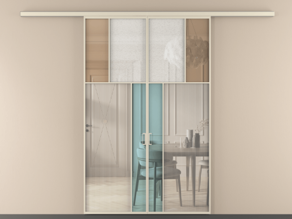 Перегородка Mosaic вдоль стены двустворчатая АЛПР 041.22 Алюминий бежево-серый Комбинация стекол Группы 1 и Группы 3 Цена 14800 Br | Volhovec