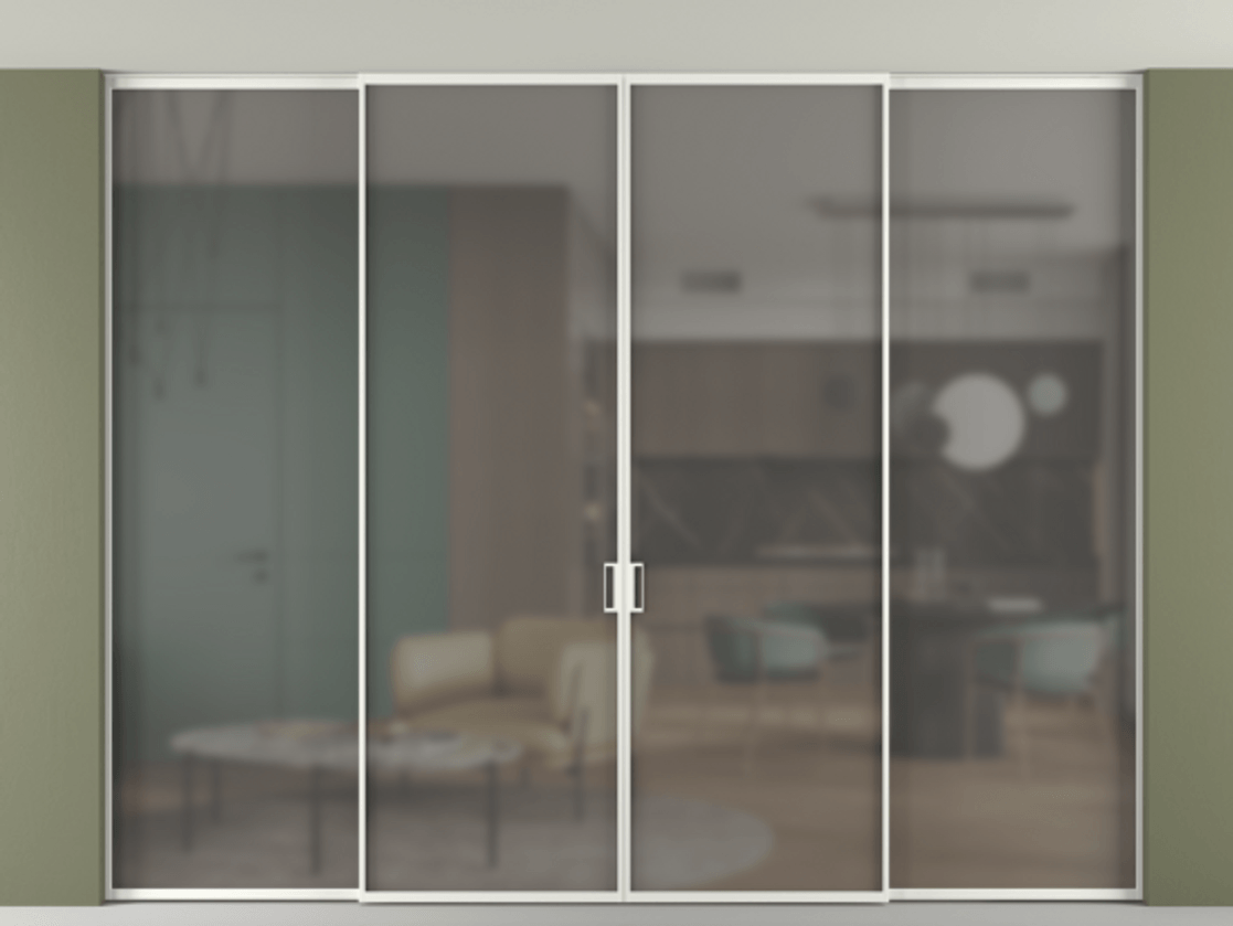 Перегородка Formato внутри проёма скрытое крепление в потолок 4 створки АЛПР 040.01 Алюминий светло-серый Сатинированное серое стекло, триплекс Цена 23421 Br | Volhovec