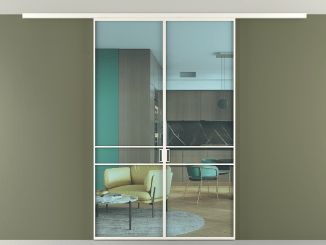 Перегородка Формато вдоль стены на потолок 2 створки АЛПР 040.02 Алюминий пудровый белый Прозрачное голубое стекло, триплекс Цена 10000 Br | Volhovec