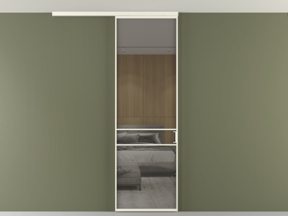 Перегородка Formato вдоль стены на потолок 1 створка АЛПР 040.02 Алюминий жемчужный Рефлективное серое стекло "Stopsol", калёное Цена 6711 Br | Volhovec