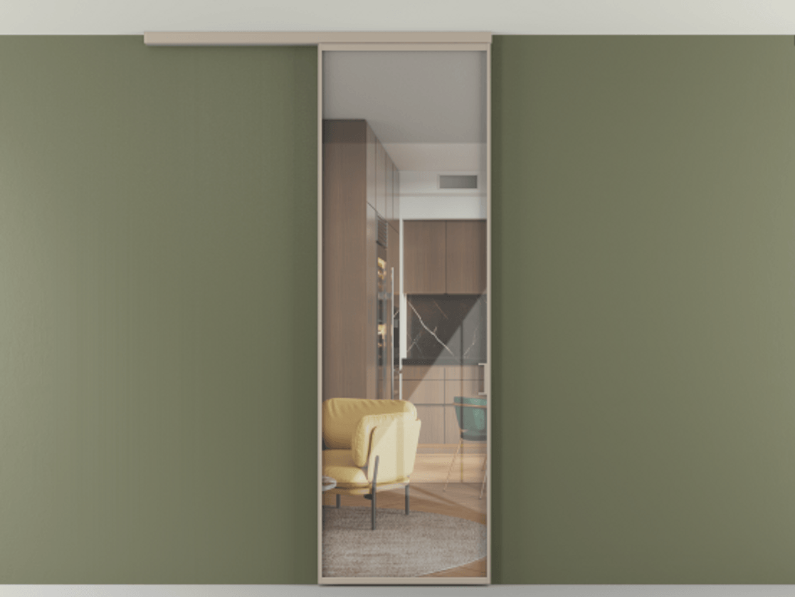 Перегородка Formato вдоль стены на потолок 1 створка АЛПР 040.01 Алюминий бисквитный Рефлективное прозрачное стекло "Стопсол", калёное Цена 6390 Br | Volhovec