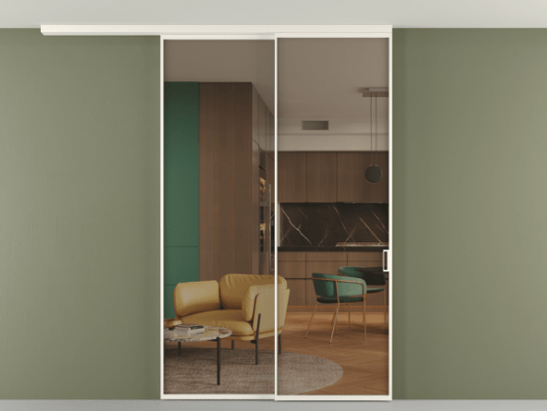 Перегородка Формато вдоль стены на потолок 2 створки с синхронным механизмом АЛПР 040.01 Алюминий пудровый белый Прозрачное бронзовое стекло, триплекс Цена 15990 Br | Volhovec