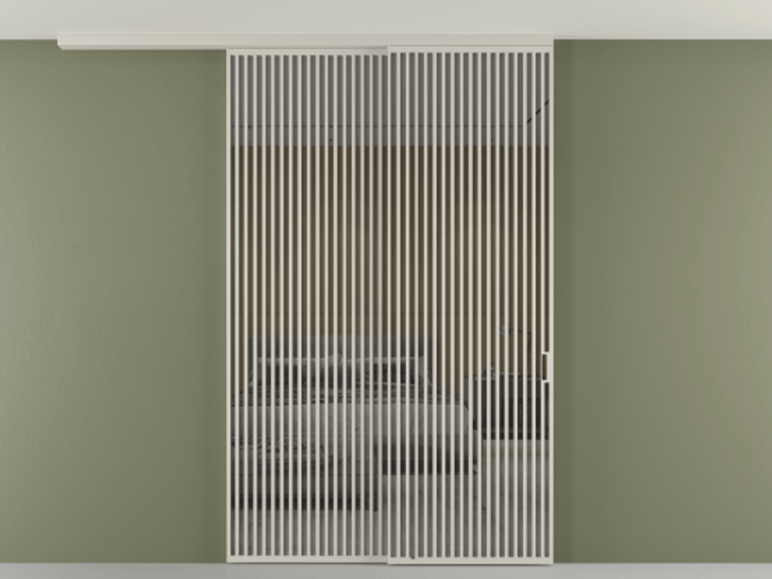 Перегородка Формато вдоль стены на потолок 2 створки с синхронным механизмом АЛПР 040.06 Алюминий тёплый серый Рефлективное серое стекло "Стопсол", калёное Цена 29010 Br | Volhovec