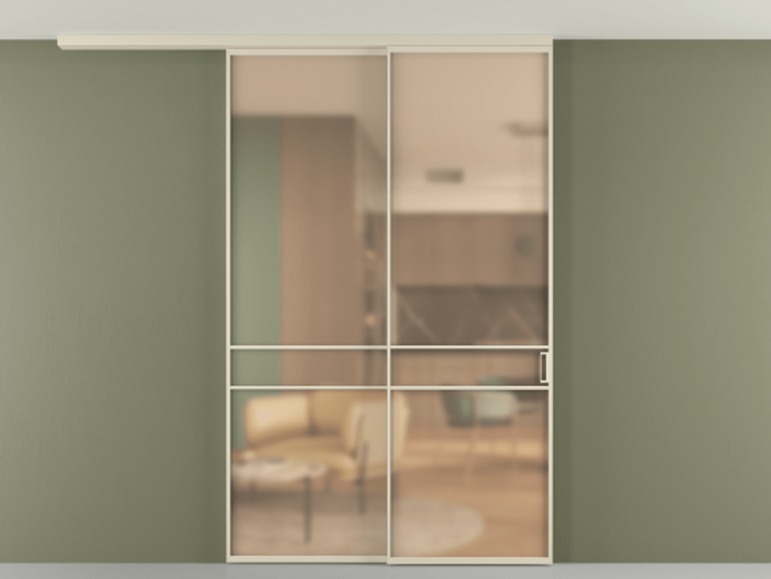 Перегородка Formato вдоль стены на потолок 2 створки с синхронным механизмом АЛПР 040.02 Алюминий бежево-серый Сатинированное оранжевое стекло, триплекс Цена 14900 Br | Volhovec