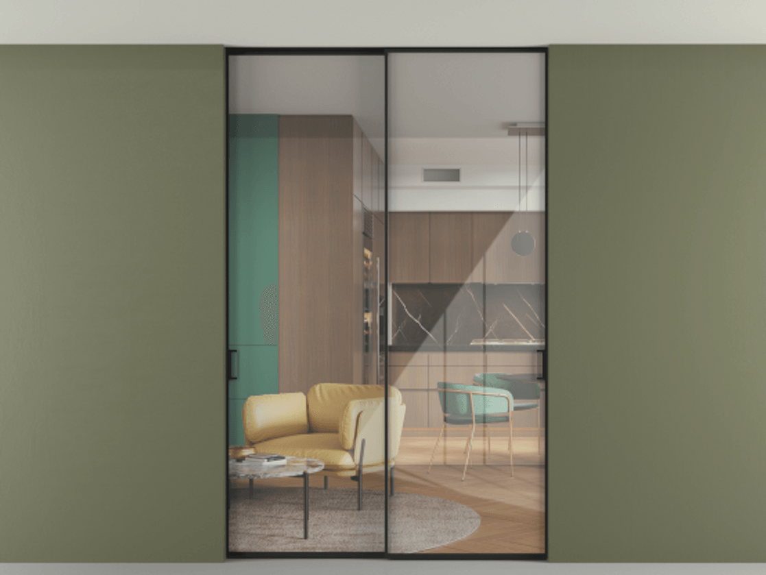 Перегородка Формато внутри проёма скрытое крепление в потолок 2 створки АЛПР 040.01 Алюминий Черный Рефлективное прозрачное стекло "Стопсол", калёное. Скрытый короб ЧЕР Цена 15300 Br 1. Полотно 2 шт. (800/2100 мм)
2. Комплект установки раздвижной системы
3. Базовый комплект фурнитуры
4. Ручка Рондо. Фабрика дверей Волховец 8 (800) 551 43 19 Перегородка Формато внутри проёма скрытое крепление в потолок 2 створки АЛПР 040.01 Алюминий Черный Рефлективное прозрачное стекло "Стопсол", калёное Цена 15300 Br | Volhovec