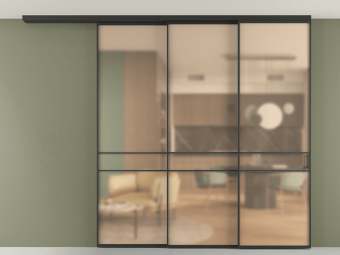 Перегородка Формато вдоль стены на потолок 3 створки с синхронным механизмом АЛПР 040.02 Алюминий Черный Сатинированное оранжевое стекло, триплекс Цена 19500 Br | Volhovec