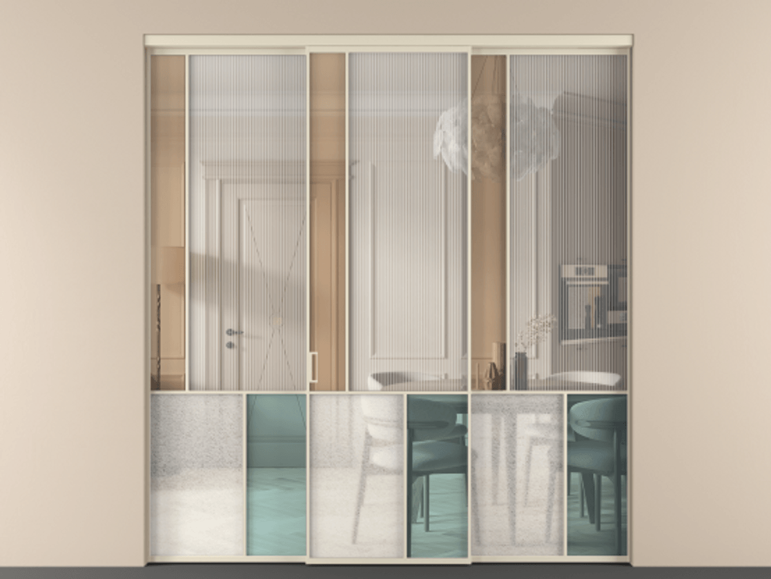 Перегородка Mosaic внутри проёма трёхстворчатая АЛПР 041.20 Алюминий бежево-серый Комбинация стекол Группы 1 и Группы 3 Цена 17400 Br | Volhovec