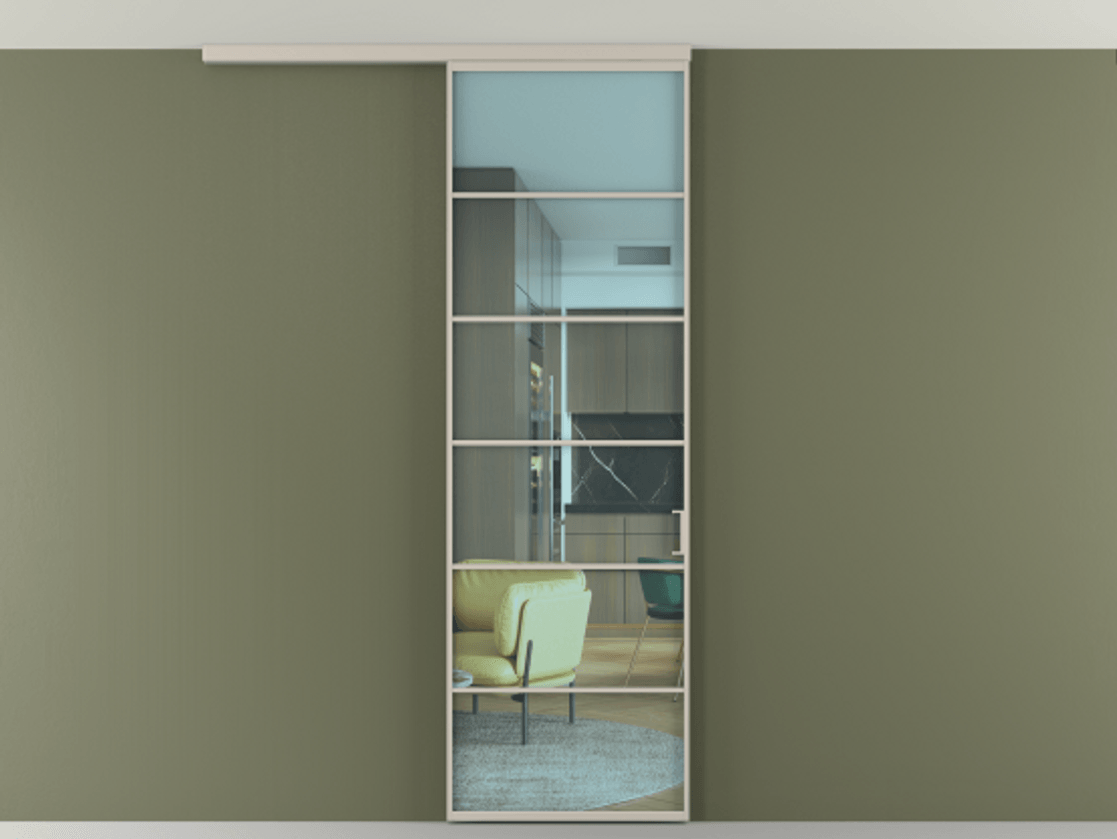 Перегородка Формато вдоль стены на потолок 1 створка АЛПР 040.04 Алюминий светло-бежевый Прозрачное голубое стекло, триплекс Цена 5500 Br | Volhovec