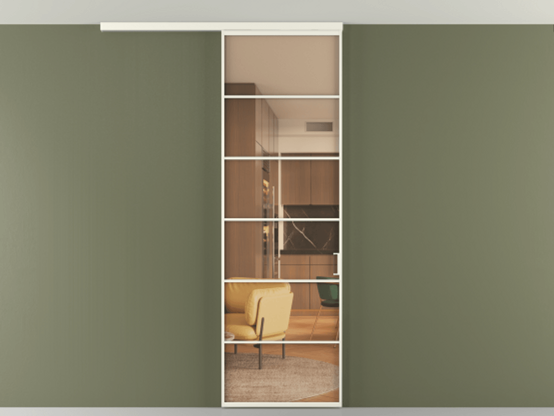 Перегородка Формато вдоль стены на потолок 1 створка АЛПР 040.04 Алюминий жемчужный Прозрачное оранжевое стекло, триплекс Цена 5500 Br | Volhovec