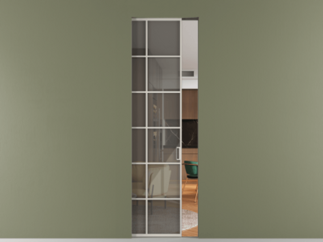 Перегородка Formato скрытый пенал 1 створка АЛПР 040.05 Алюминий облачно-серый Рефлективное серое стекло "Stopsol", калёное Цена 10000 Br | Volhovec