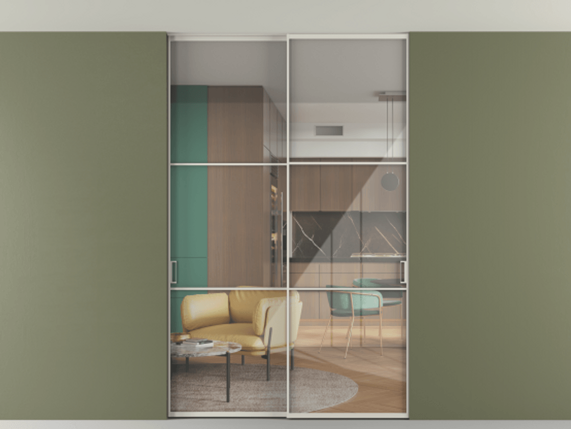 Перегородка Формато внутри проёма скрытое крепление в потолок 2 створки АЛПР 040.03 Алюминий облачно-серый Рефлективное прозрачное стекло "Стопсол", калёное Цена 16340 Br | Volhovec