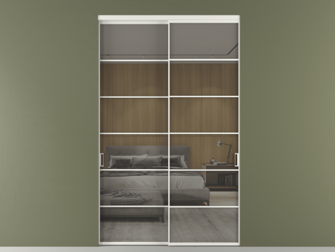 Перегородка Формато внутри проёма 2 створки АЛПР 040.04 Алюминий светло-серый Рефлективное серое стекло "Стопсол", калёное Цена 26410 Br  | Volhovec