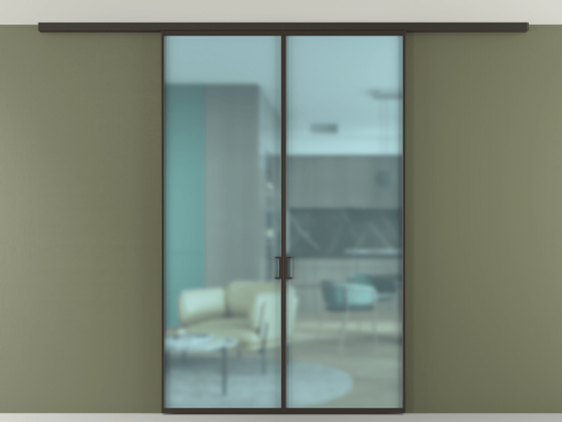 Перегородка Формато вдоль стены на потолок 2 створки АЛПР 040.01 Алюминий антрацит Сатинированное голубое стекло, триплекс Цена 9500 Br | Volhovec