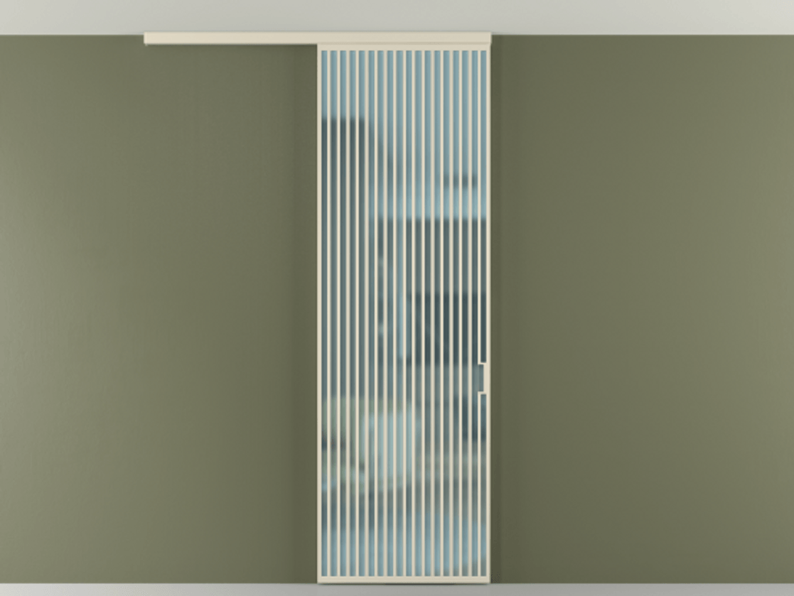 Межкомнатная дверь New Перегородка Formato вдоль стены на потолок одностворчатая АЛПР 040.06 Алюминий бежево-серый Сатинированное голубое стекло, триплекс Цена 10000  | Volhovec