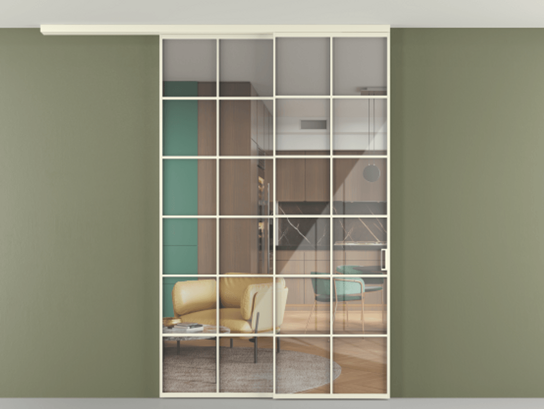 Перегородка Formato вдоль стены на потолок 2 створки с синхронным механизмом АЛПР 040.05 Алюминий молочно-белый Рефлективное прозрачное стекло "Стопсол", калёное Цена 18400 Br | Volhovec