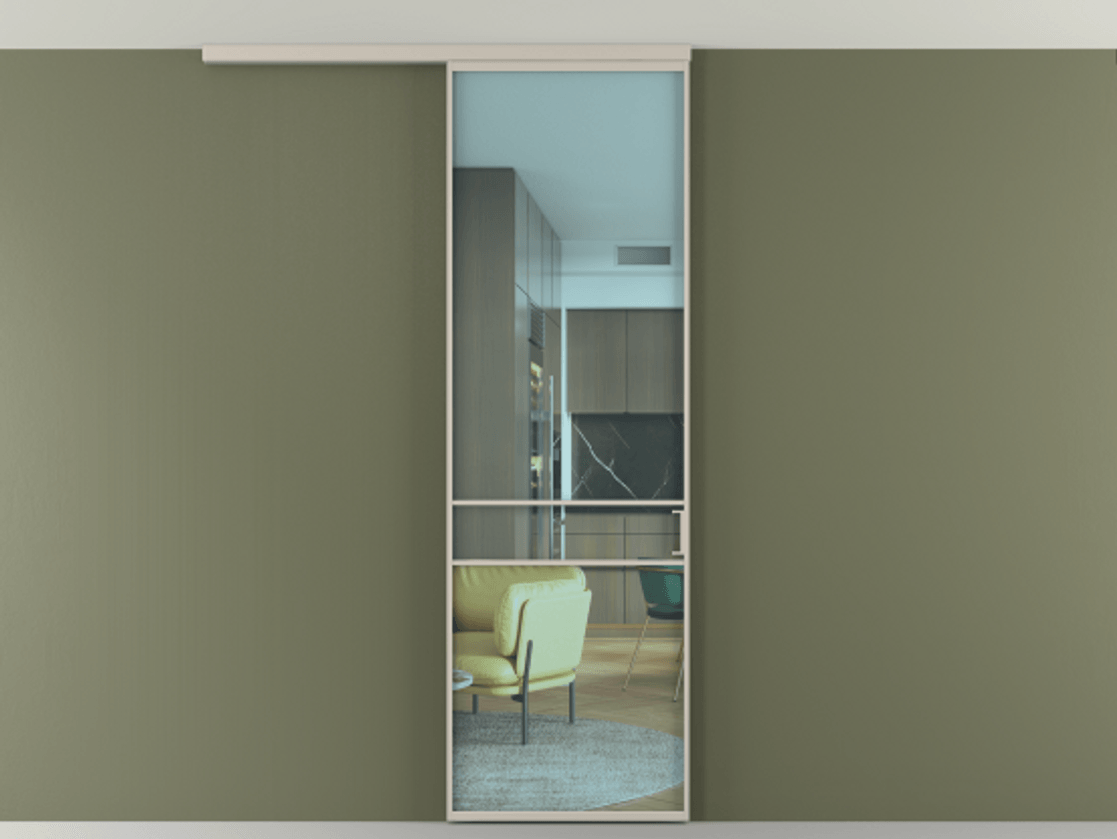 Перегородка Формато вдоль стены на потолок 1 створка АЛПР 040.02 Алюминий светло-бежевый Прозрачное голубое стекло, триплекс Цена 5400 Br | Volhovec