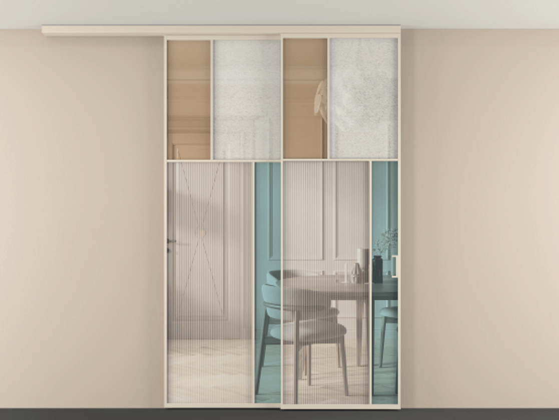 Перегородка Mosaic вдоль стены на потолок 2 створки с синхронным механизмом АЛПР 041.23 Алюминий бежево-серый Комбинация стекол Группы 1 и Группы 3 Цена 19100 Br | Volhovec