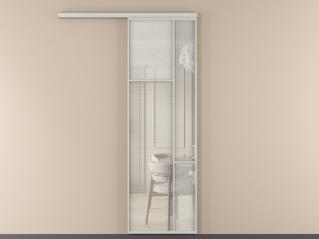 Перегородка Mosaic вдоль стены 1 створка АЛПР 041.10 Алюминий облачно-серый Рифлёное стекло "Дюна", триплекс, 6 мм + Фактурное стекло "Лёд", триплекс Цена 7750 Br | Volhovec