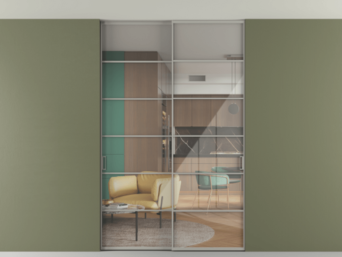 Перегородка Formato внутри проёма скрытое крепление в потолок 2 створки АЛПР 040.04 Алюминий нейтральный серый Рефлективное прозрачное стекло "Stopsol", калёное Цена 17250 Br | Volhovec