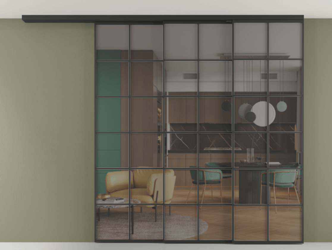 Перегородка Формато вдоль стены на потолок 3 створки с синхронным механизмом АЛПР 040.05 Алюминий Черный Прозрачное серое стекло, триплекс Цена 20520 Br | Volhovec