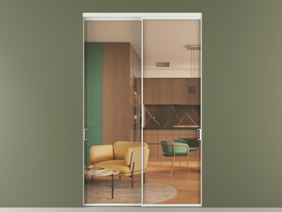 Перегородка Formato внутри проёма 2 створки АЛПР 040.01 Алюминий светло-серый Прозрачное оранжевое стекло, триплекс Цена 22600 Br  | Volhovec