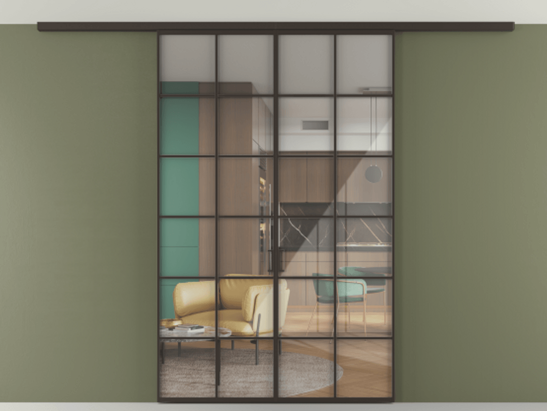 Перегородка Формато вдоль стены на потолок 2 створки АЛПР 040.05 Алюминий антрацит Рефлективное прозрачное стекло "Стопсол", калёное Цена 11840 Br | Volhovec