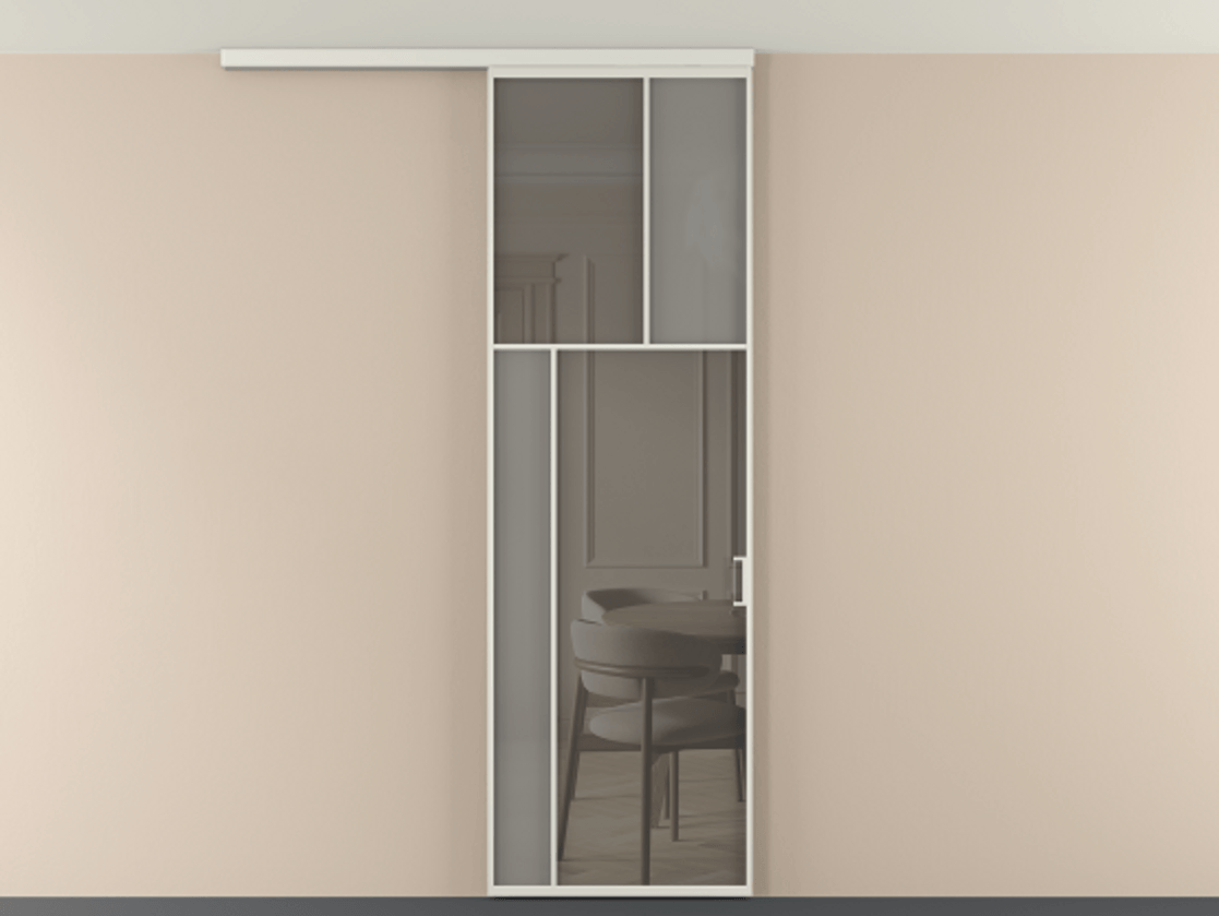 Перегородка Мозаик вдоль стены на потолок 1 створка АЛПР 041.22 Алюминий серый Сатинированное серое стекло, триплекс, 6 мм + Прозрачное серое стекло, триплекс Цена 7220 Br | Volhovec