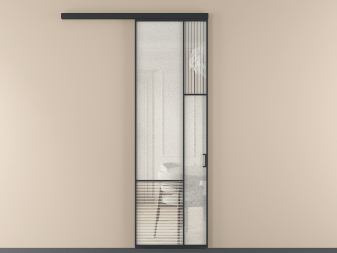 Перегородка Mosaic вдоль стены 1 створка АЛПР 041.12 Алюминий Черный Рифлёное стекло "Дюна", триплекс, 6 мм + Фактурное стекло "Лёд", триплекс Цена 7450 Br | Volhovec