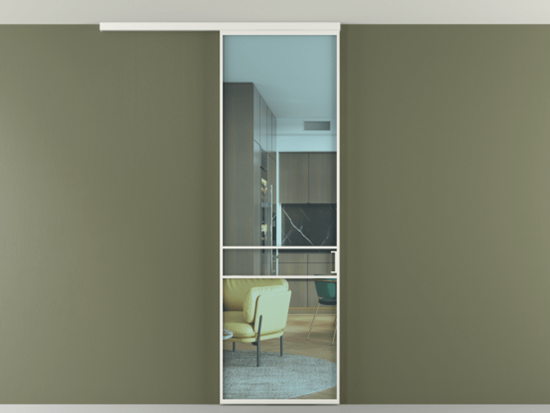 Перегородка Формато вдоль стены на потолок 1 створка АЛПР 040.02 Алюминий светло-серый Прозрачное голубое стекло, триплекс Цена 5200 Br | Volhovec